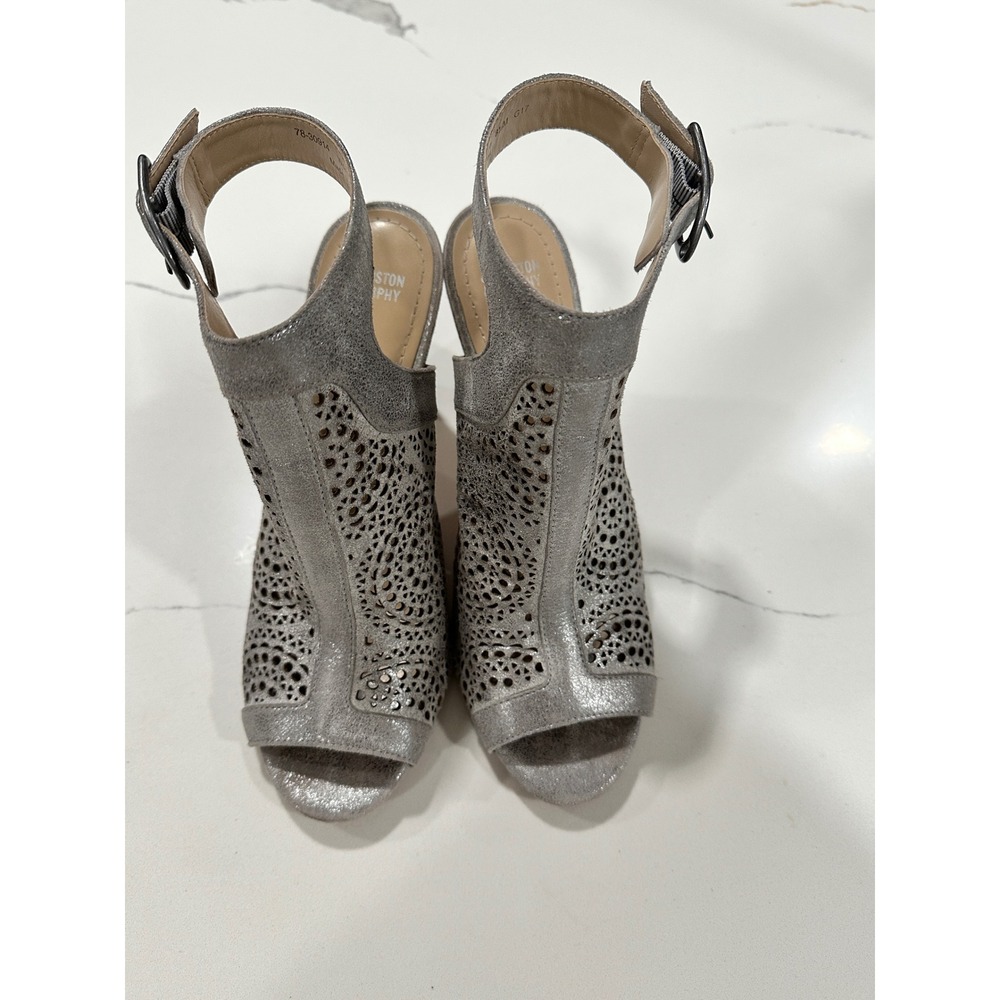 Johnston & Murphy Silver Metallic Leather Laser Cut Peep Toe Heels 8.5M